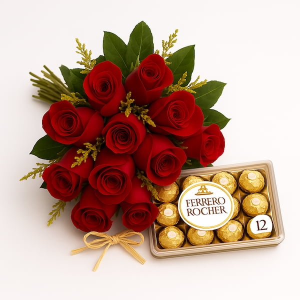 Buquê de 12 Rosas Vermelhas e Ferrero Rocher Buquê de 12 Rosas Vermelhas e Ferrero Rocher